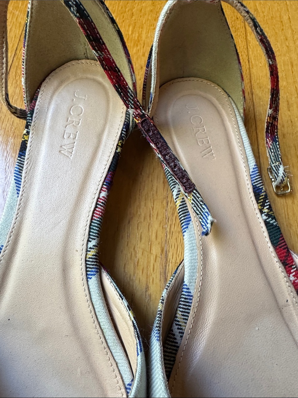 J. Crew Red and Black Plaid Pointed Slingback Flats with Pom Detail - Picture 3 of 4